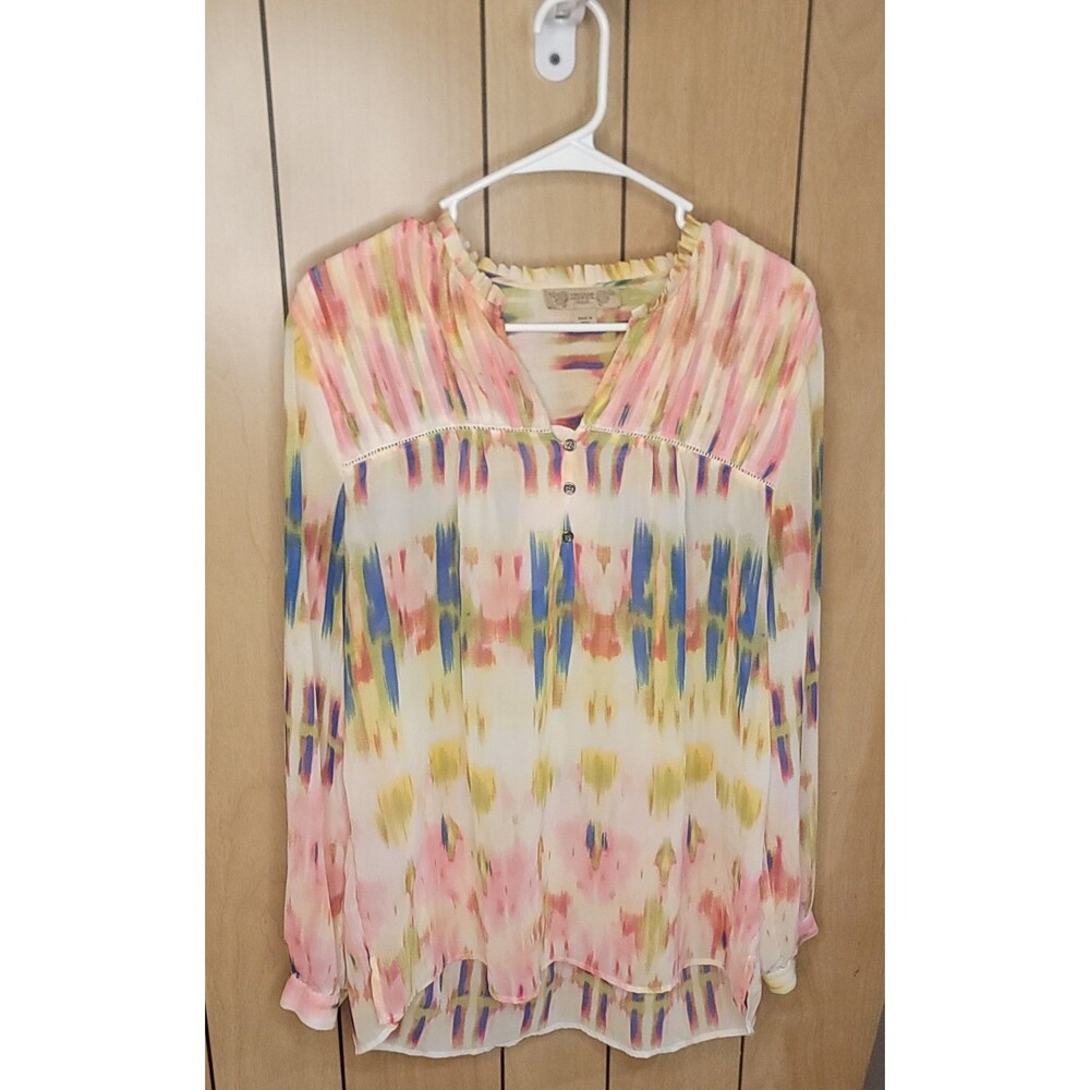 Vintage America Blues Monet Ikat Print Peasant Blouse Women's Large L Sheer Boho